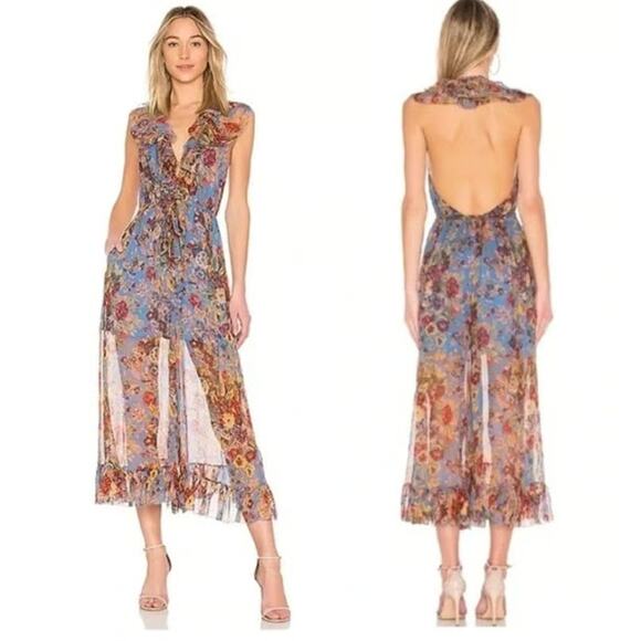 Zimmermann Pants - Zimmermann Blue Floral Lovelorn Fringe Halter jumpsuit Sz Small